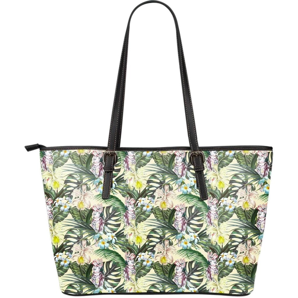 Hawaii Tropical Jungle Parrots And Flamingos Large Leather Tote Green - Polynesian Pride