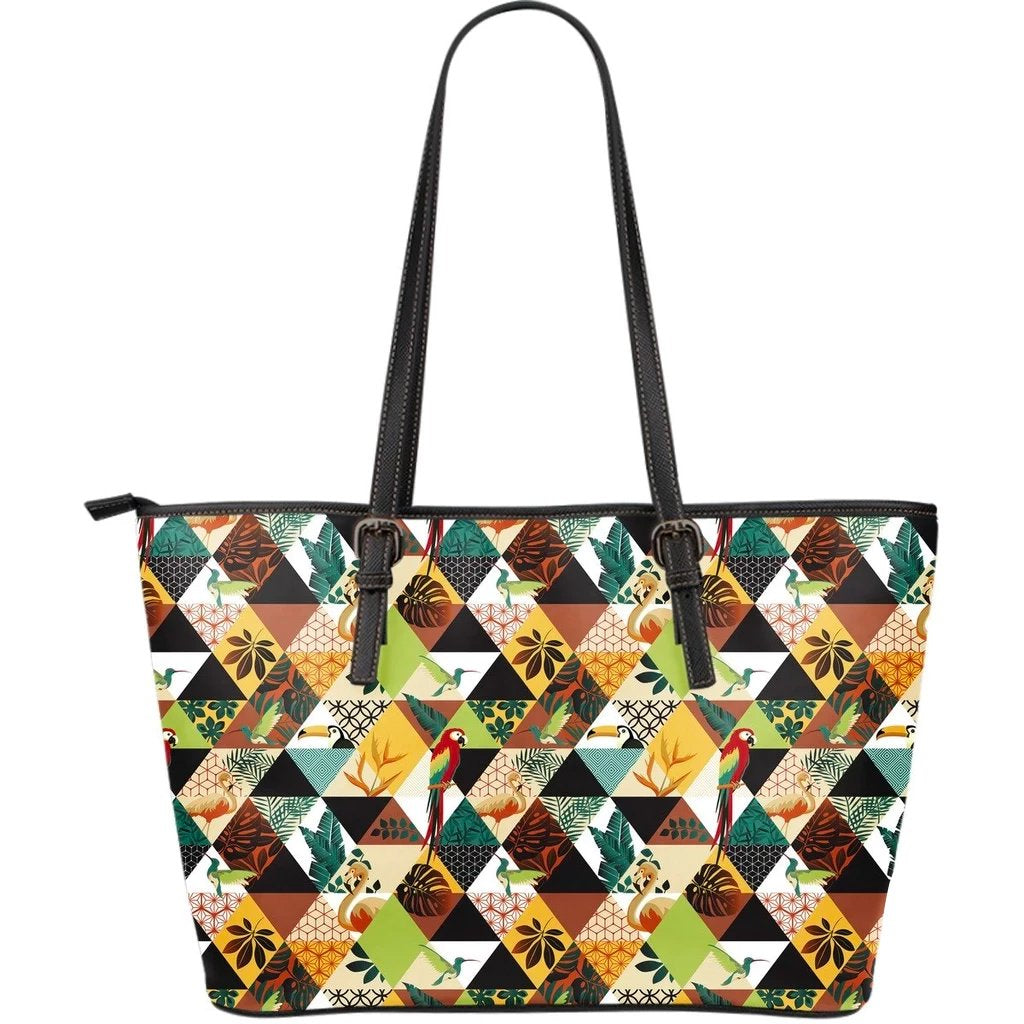 Hawaii Tropical Jungle Parrots And Flamingos Pattern Large Leather Tote Green - Polynesian Pride