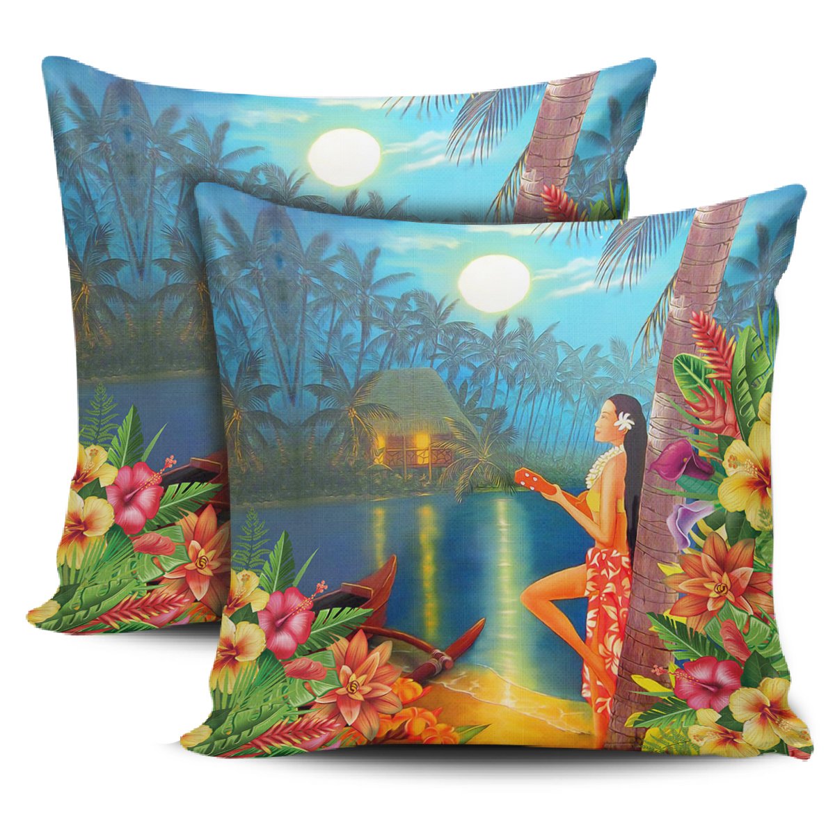 Hula Girl Sing In Village Pillow Covers One Size Zippered Pillow Cases 18"x 18" (Twin Sides) (Set of 2) Black - Polynesian Pride