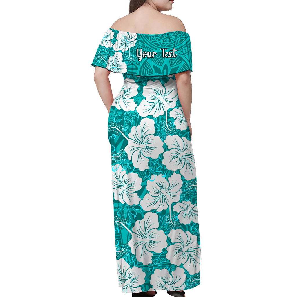 (Custom Personalised) Hawaii Off Shoulder Long Dress Turquoise Simple Tropical Flowers LT13 - Polynesian Pride