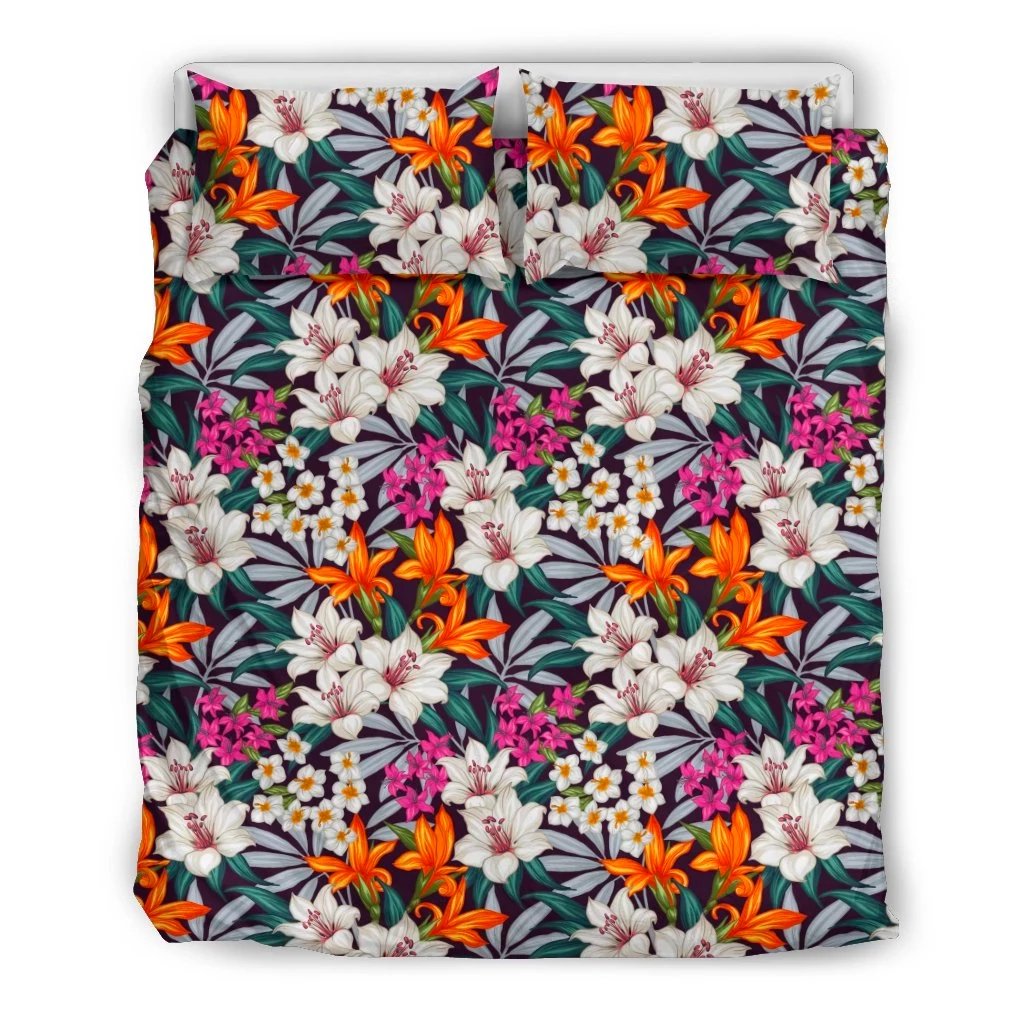 Hawaiian Exotic Pattern With Tropical Leaves Flowers Seamless Polynesian Bedding Set Black - Polynesian Pride