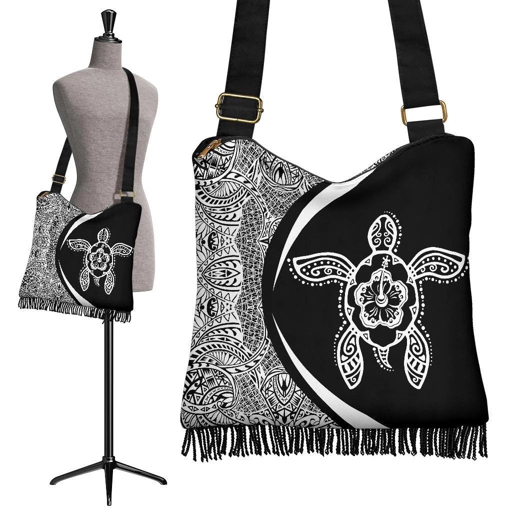 Hawaii Turtle Polynesian Crossbody Boho Handbag-Circle Style White Crossbody Boho Handbag One Size Black - Polynesian Pride