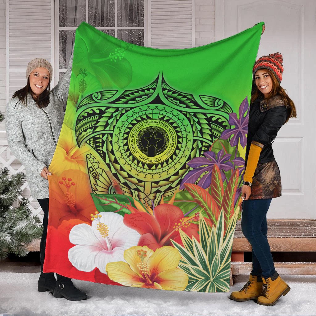 CNMI Polynesian Premium Blanket - Manta Ray Tropical Flowers (Green) - Polynesian Pride
