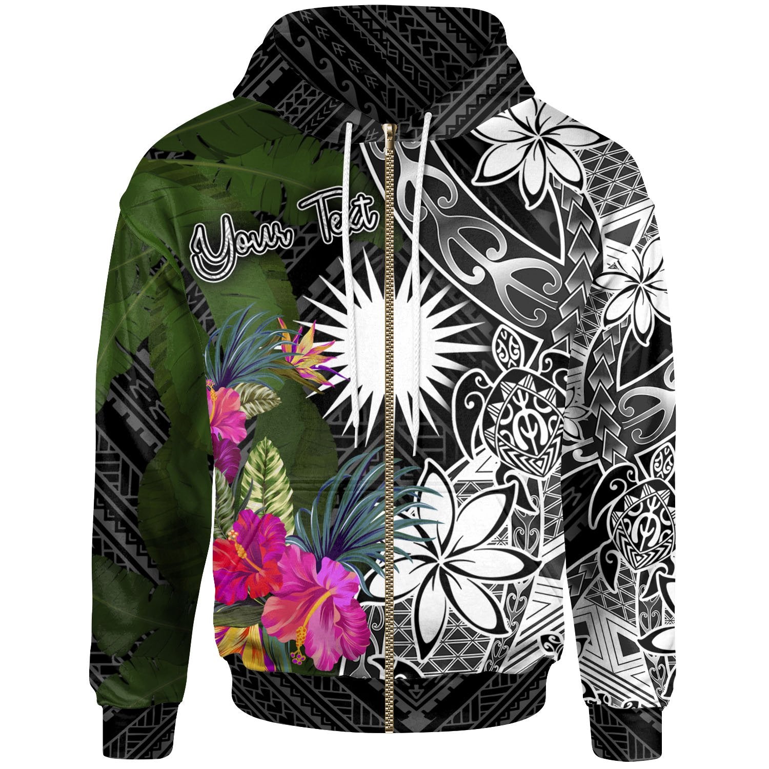 Marshall Islands Custom Zip up Hoodie Turtle Plumeria Banana Leaf Unisex Black - Polynesian Pride