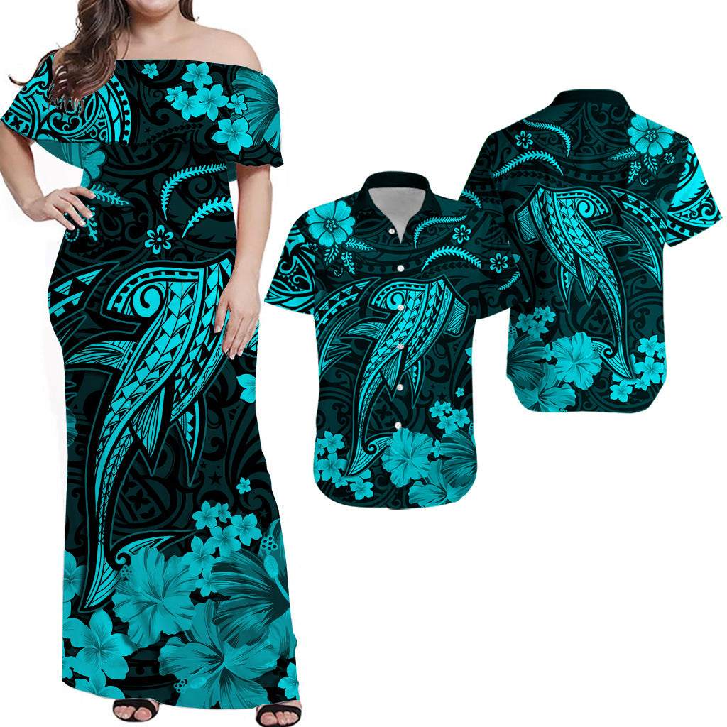 Hawaii Matching Dress and Hawaiian Shirt Polynesia Turquoise Shark LT13 Turquoise - Polynesian Pride