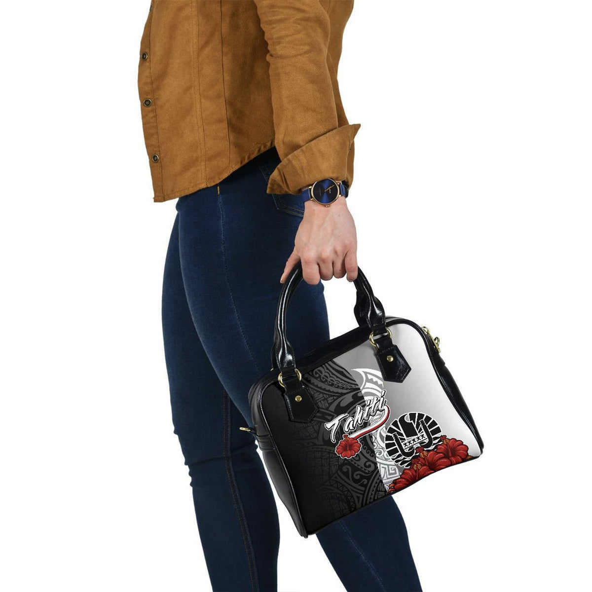 Tahiti Polynesian Shoulder Handbag - Coat Of Arm With Hibiscus White - Polynesian Pride