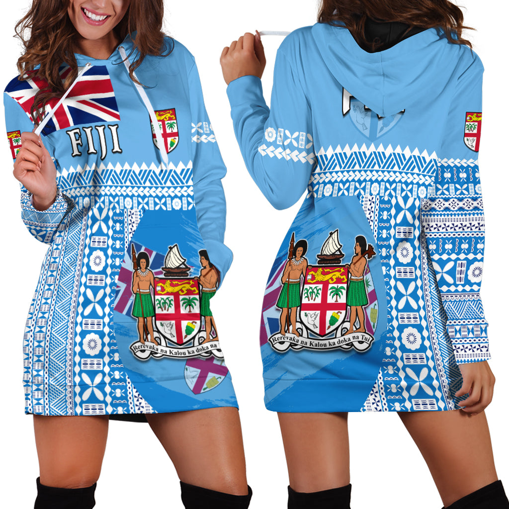 Fiji Dreamy Hoodie Dress Tapa Pattern LT13 Blue - Polynesian Pride