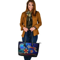 Northern Mariana Islands Custom Personalised Large Leather Tote Bag - Vintage Tribal Mountain - Polynesian Pride