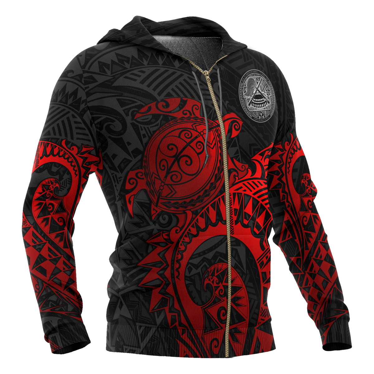 American Samoa Polynesian Zip up Hoodie Polynesian Turtle (Full Red) - Polynesian Pride