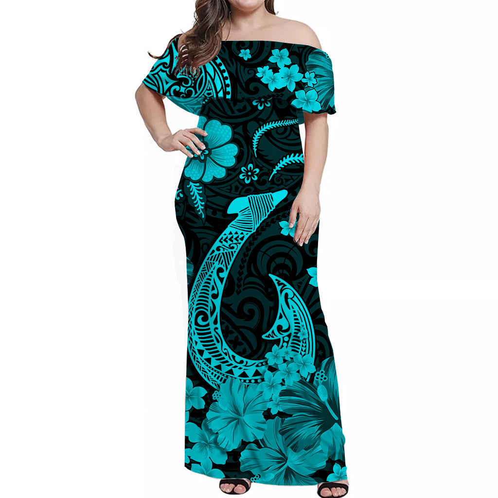 Hawaii Off Shoulder Long Dress Polynesia Turquoise Fish Hook LT13 Women Turquoise - Polynesian Pride