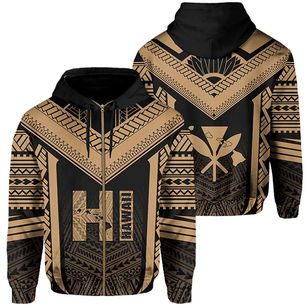 Hawaiian Kanaka Polynesian Zip up Hoodie Active Gold Unisex Gold - Polynesian Pride