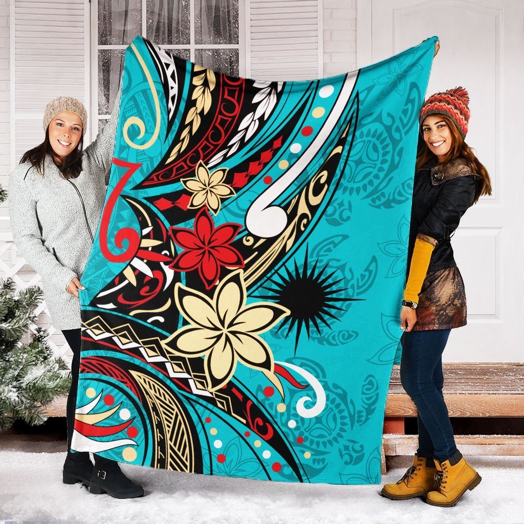 Marshall Islands Premium Blanket - Tribal Flower With Special Turtles Blue Color - Polynesian Pride