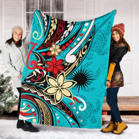 Marshall Islands Premium Blanket - Tribal Flower With Special Turtles Blue Color - Polynesian Pride