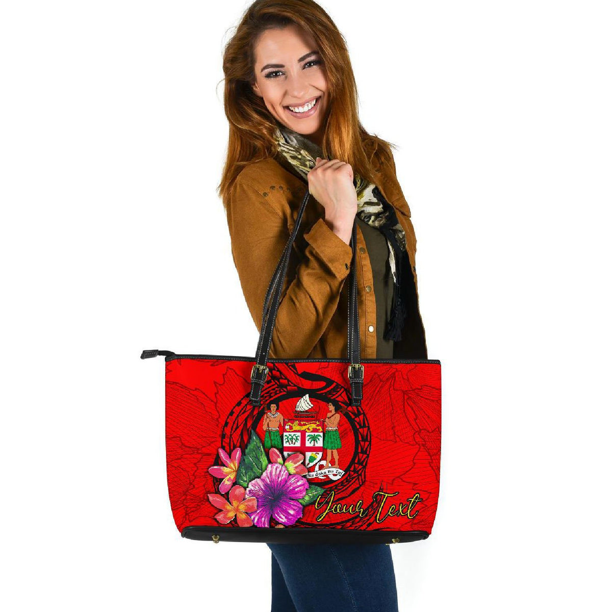 Fiji Polynesian Custom Personalised Large Leather Tote - Floral With Seal Red - Polynesian Pride