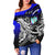 Guam Women's Off Shoulder Sweaters - Tribal Jungle Pattern Blue Color - Polynesian Pride