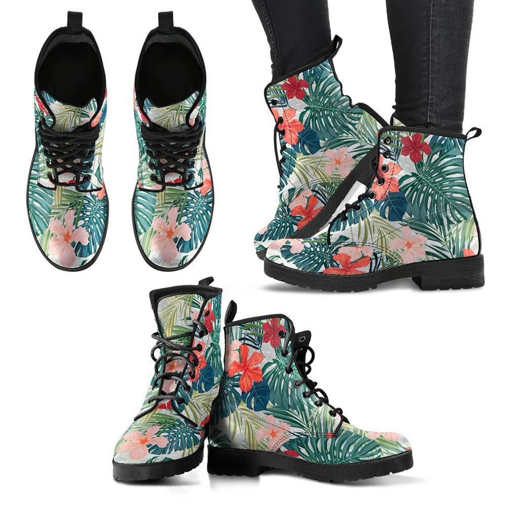 Hawaii Hibiscus Palm Leather Boots Black & Green - Polynesian Pride