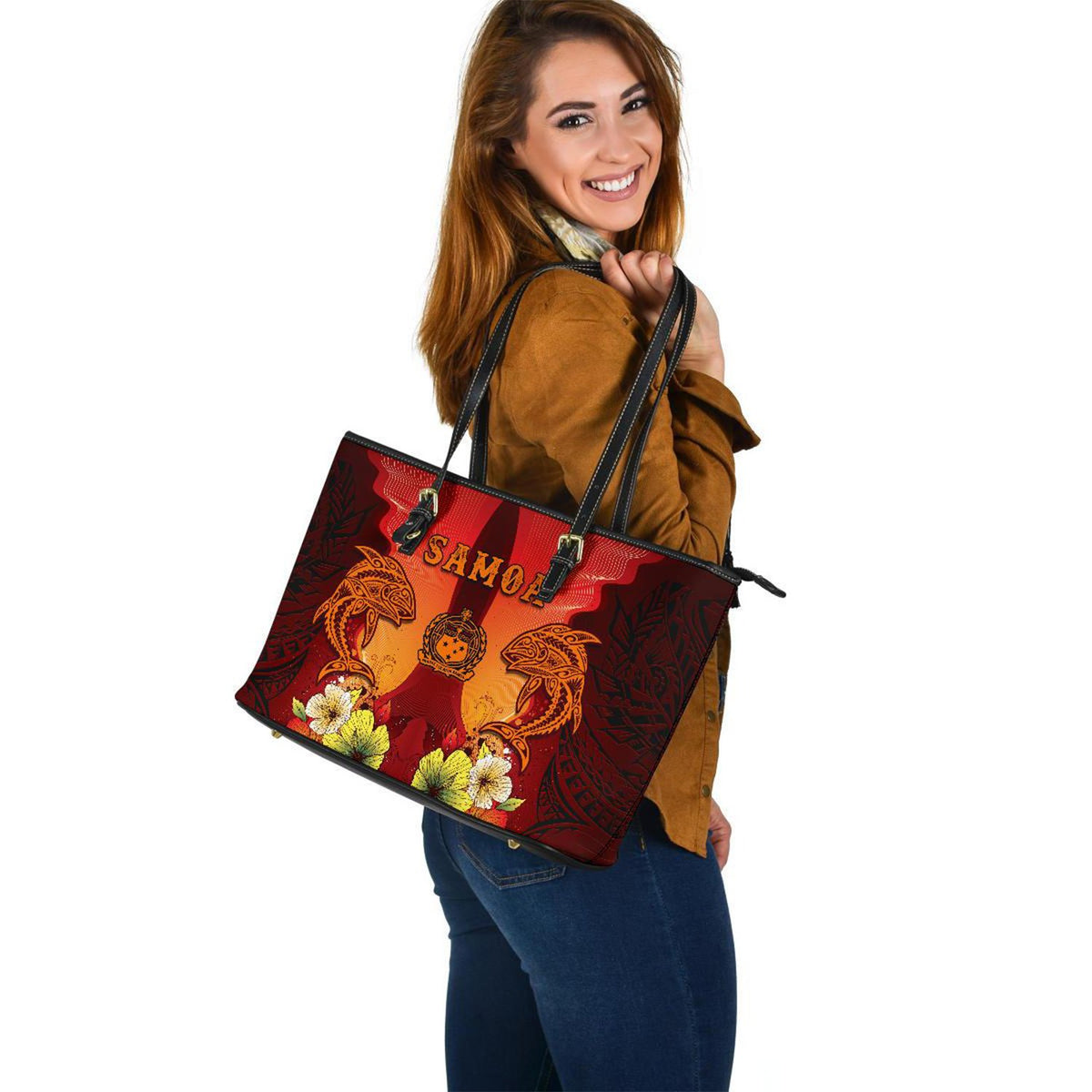 Samoa Large Leather Totes - Tribal Tuna Fish - Polynesian Pride