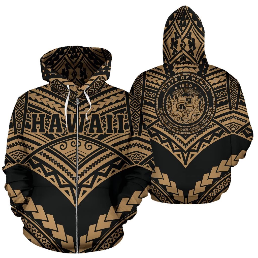 Hawaii Polynesian Zip up Hoodie Tribal New Warrior Style Golden Color Unisex White - Polynesian Pride