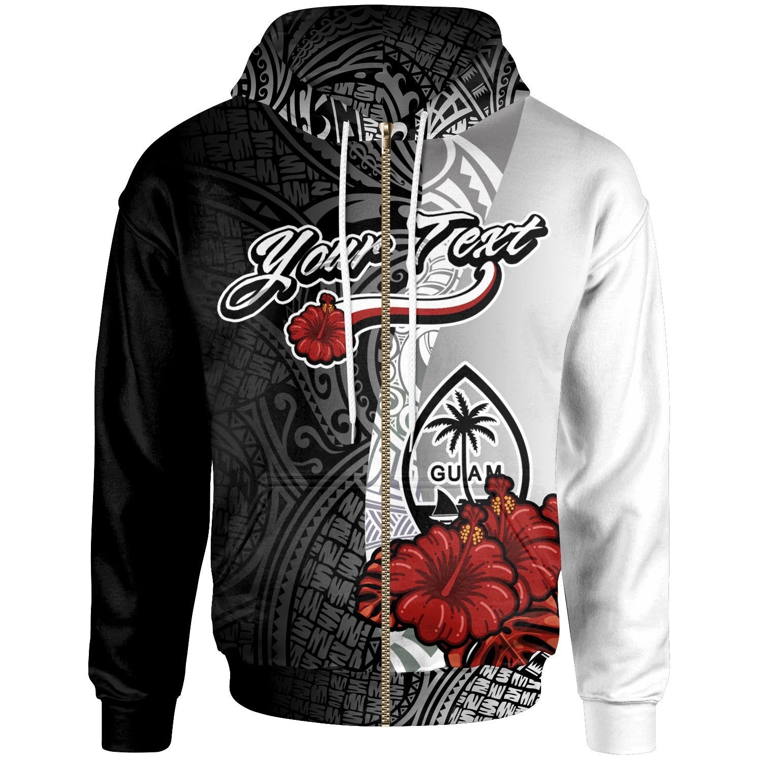 Guam Polynesian Custom Zip up Hoodie Coat of Arm With Hibiscus White Unisex White - Polynesian Pride