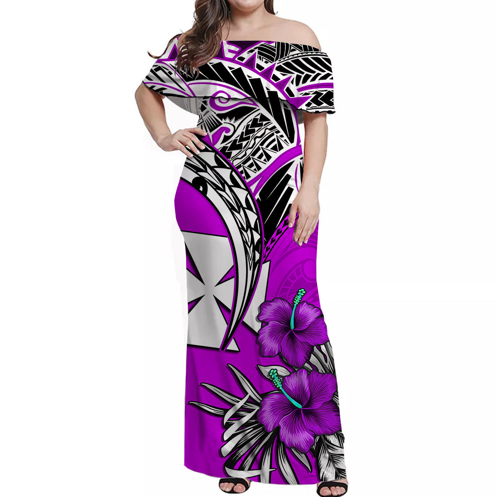 Wallis et Futuna Off Shoulder Long Dress Polynesian Pattern and Hibiscus Flowers Version Purple LT13 Long Dress Purple - Polynesian Pride