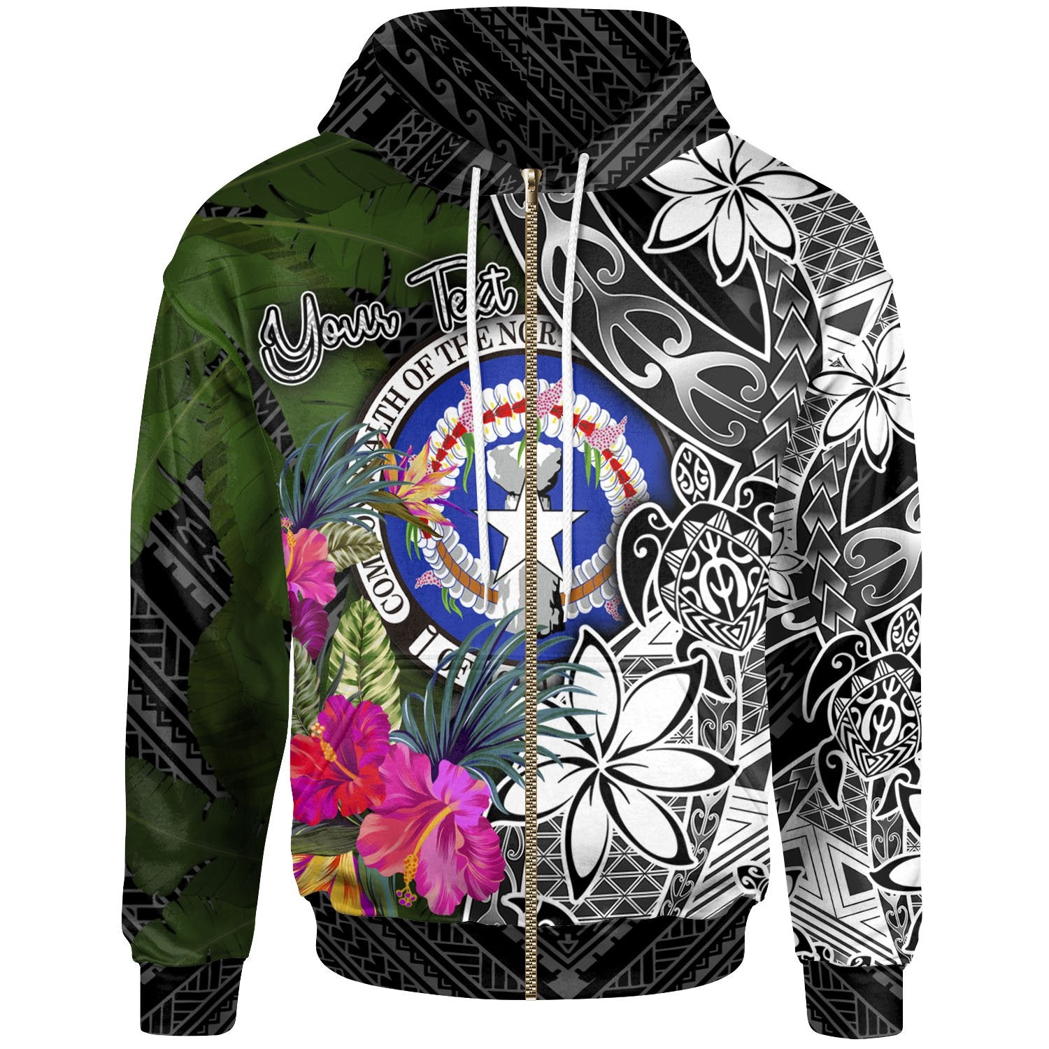 Northern Mariana Islands Custom Zip up Hoodie Turtle Plumeria Banana Leaf Unisex Black - Polynesian Pride