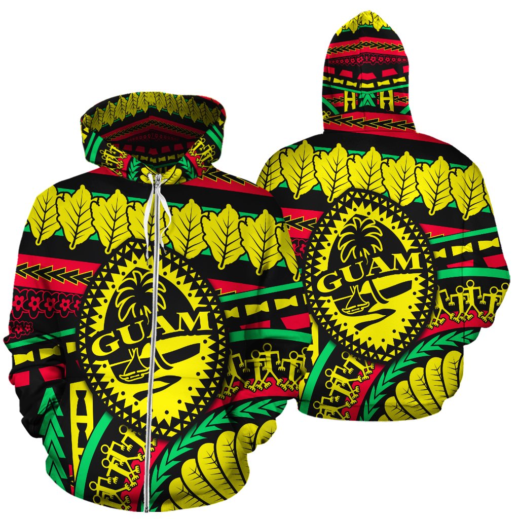 Guam Polynesian All Over Zip up Hoodie Chamorro Rasta Unisex Black - Polynesian Pride