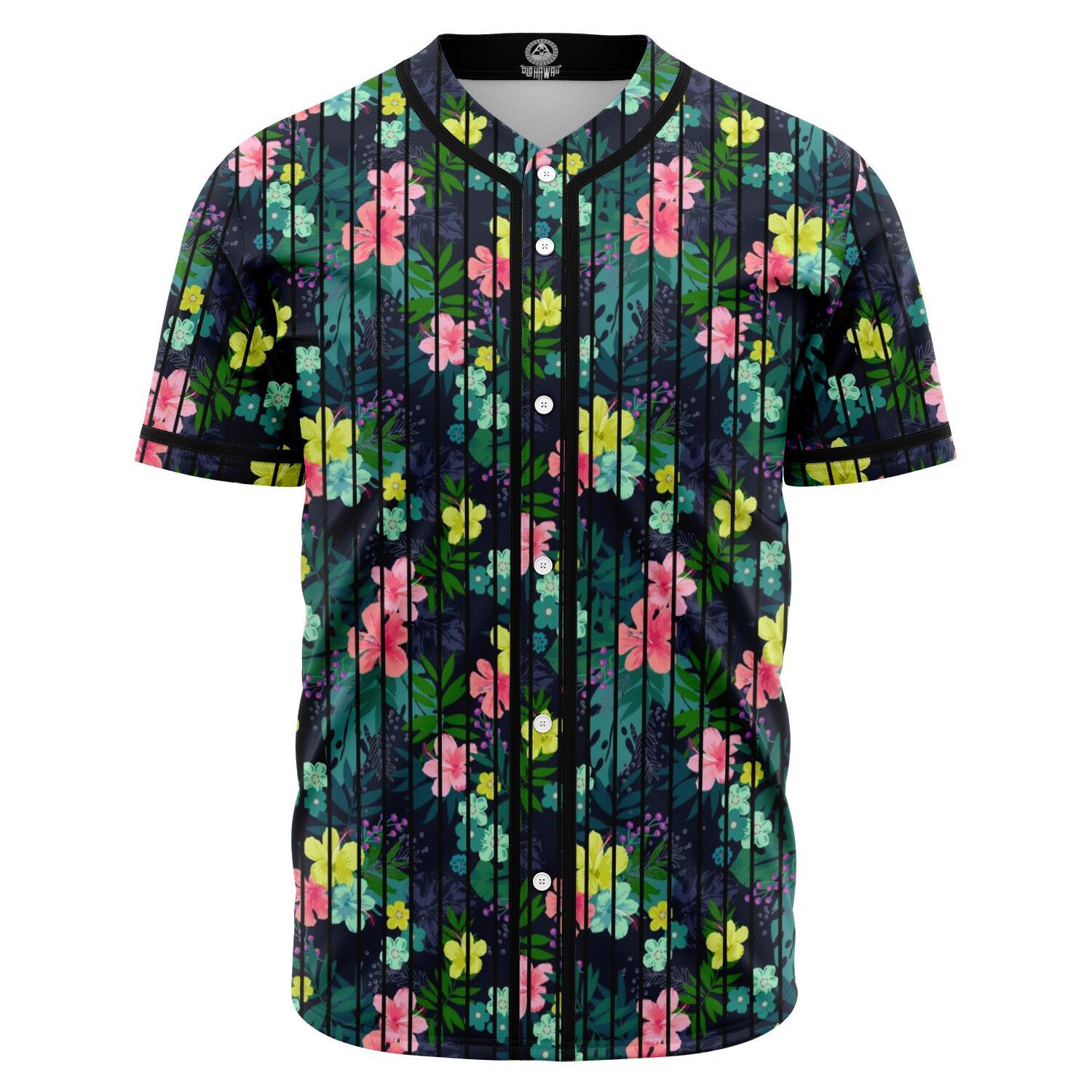 Tropical Hibiscus Baseball Jersey Black - Polynesian Pride