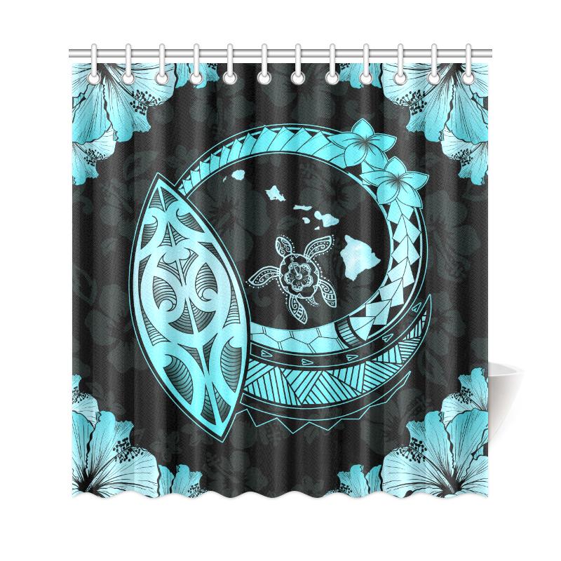 Hawaii Hibiscus Map Hidden Polynesian Turquoise Turtle Shower Curtain - Polynesian Pride