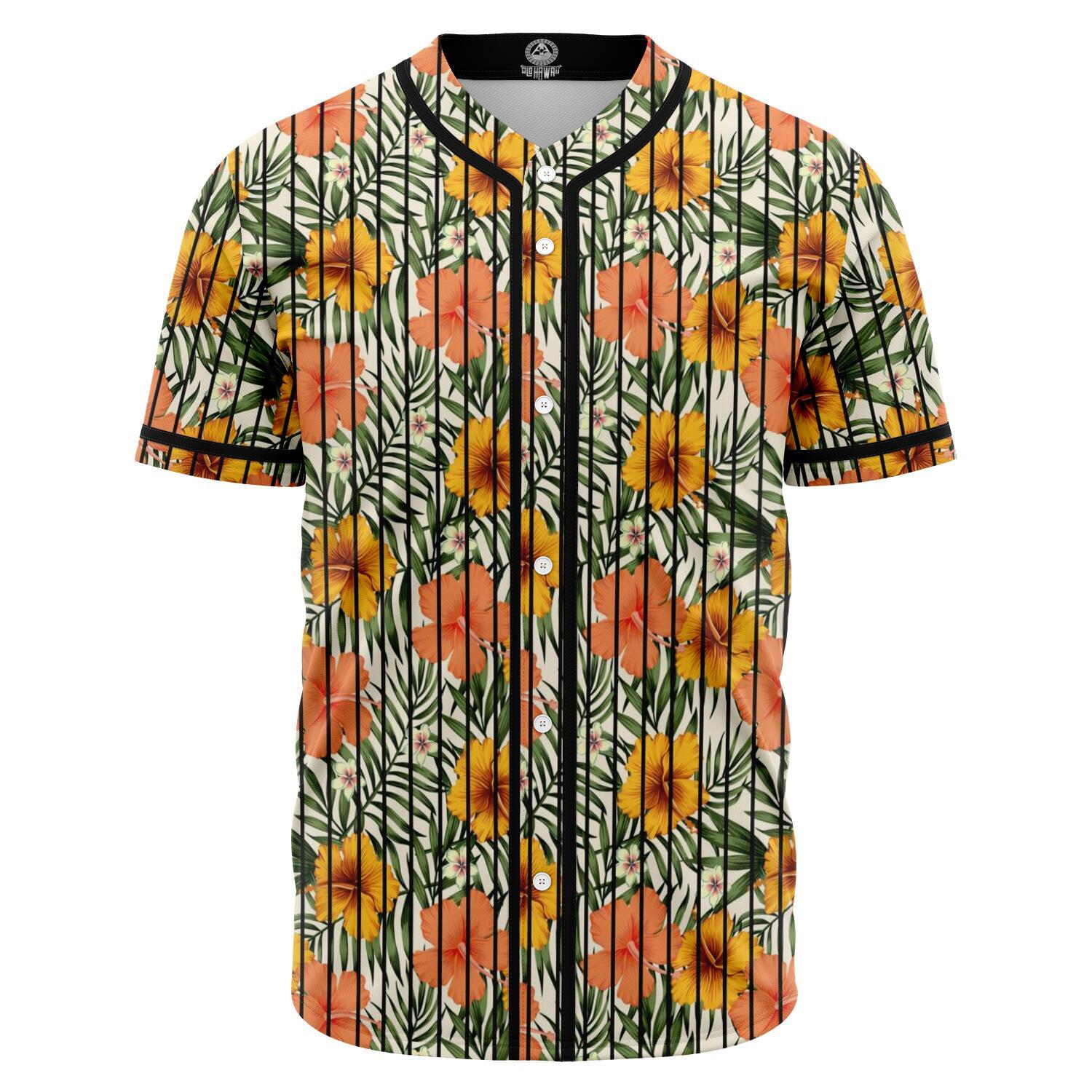 Tropical Flowers Hibiscus Pink Yellow Baseball Jersey Black - Polynesian Pride