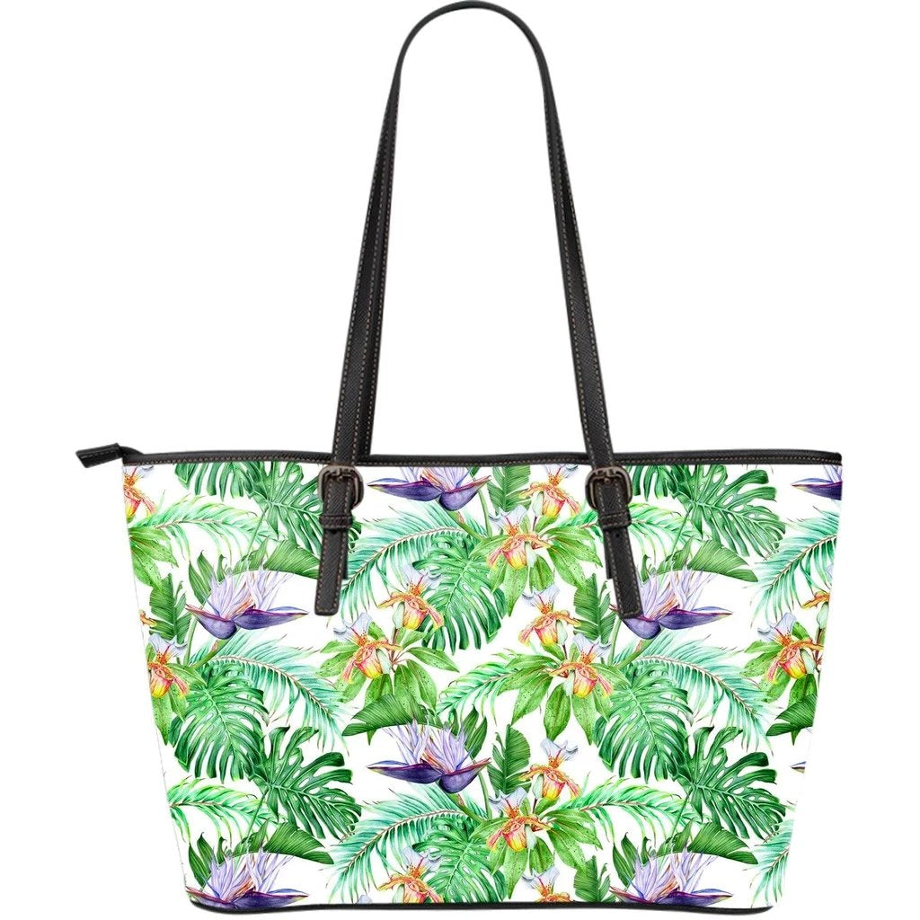 Hawaii Tropical Orange Orchids Strelitzia Monstera Large Leather Tote Green - Polynesian Pride