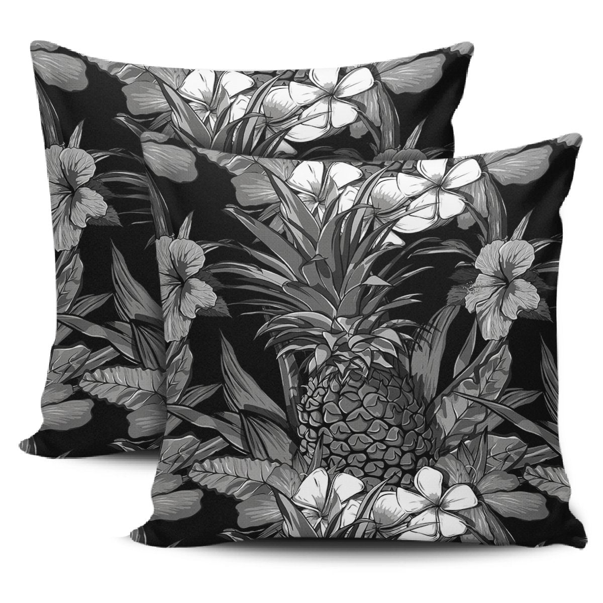 Pineapple Hibiscus Black And White Pillow Covers One Size Zippered Pillow Cases 18"x 18" (Twin Sides) (Set of 2) Black - Polynesian Pride