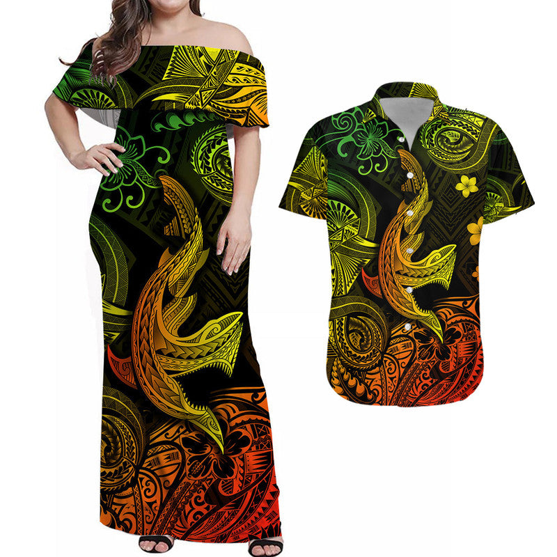 Hawaii Angry Shark Polynesian Matching Dress and Hawaiian Shirt Matching Couples Outfit Unique Style Reggae LT8 Reggae - Polynesian Pride