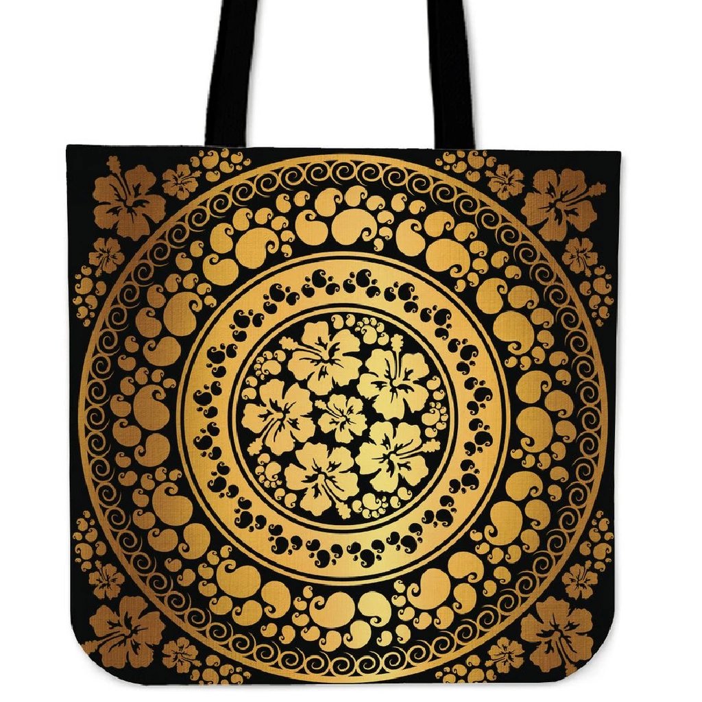 Hibiscus Gold Circle Tote Bag Tote Bag One Size Black - Polynesian Pride
