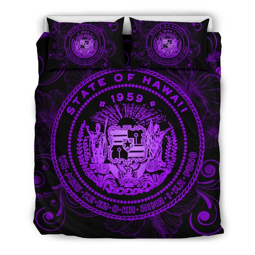 Hawaiian Hibiscus Flag Coat Of Arms Polynesian Bedding Set Violet - Royal Style Violet - Polynesian Pride