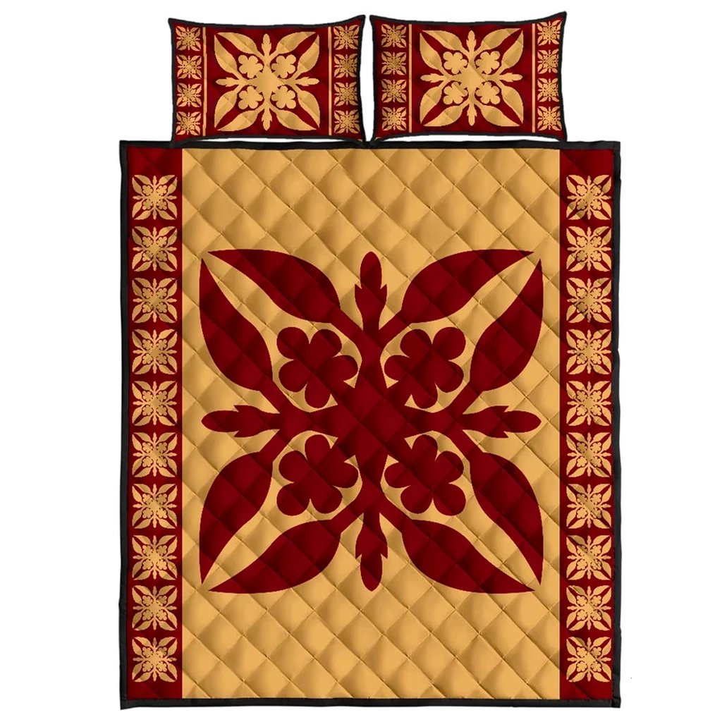 Hawaiian Quilt Pattern Palm Tree Proudly Quilt Bed Set Gold - Polynesian Pride