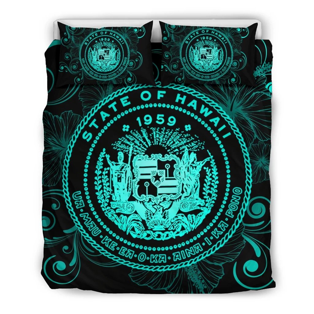 Hawaiian Hibiscus Flag Coat Of Arms Polynesian Bedding Set Turquoise - Royal Style Art - Polynesian Pride