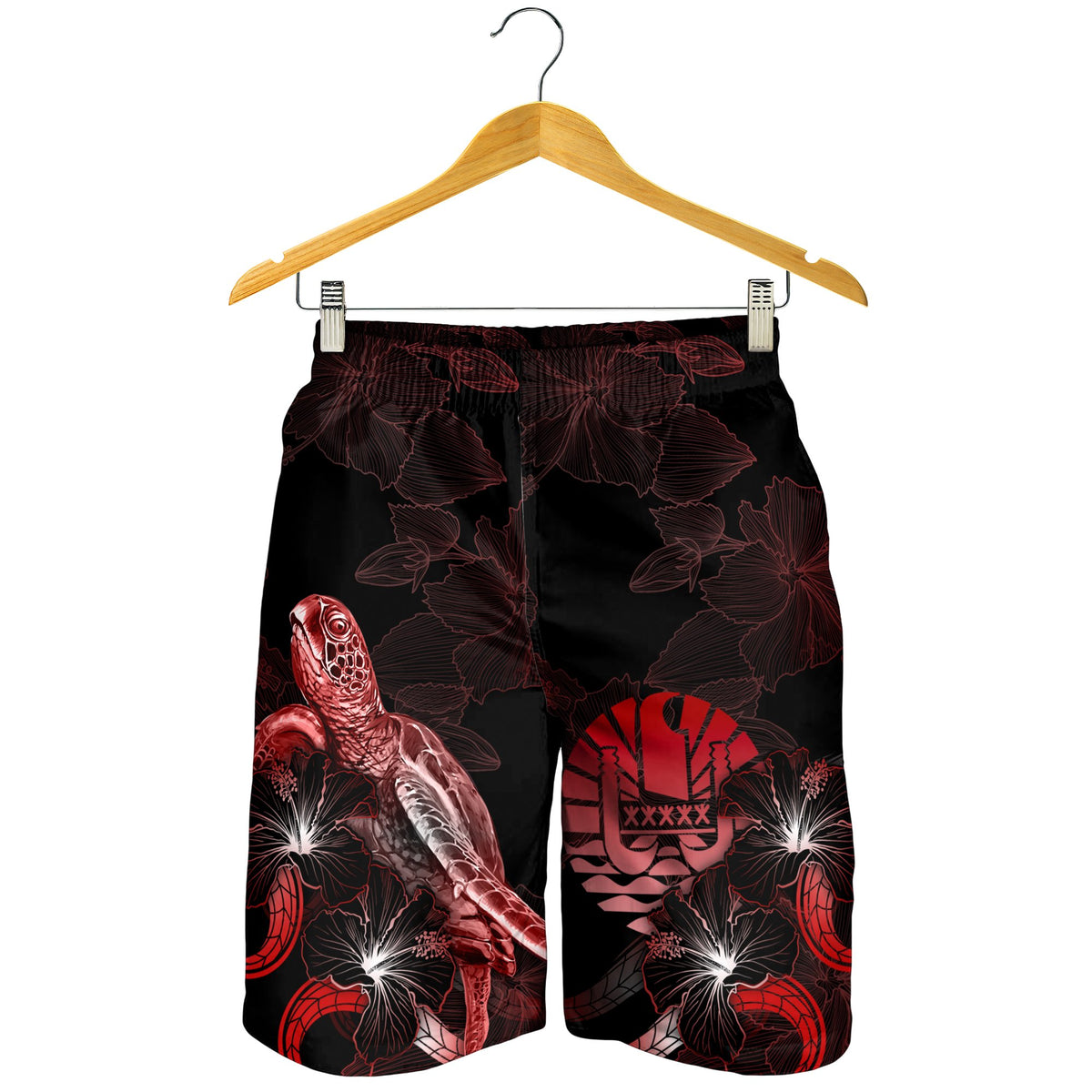 Tahiti Polynesian Men's Shorts - Turtle With Blooming Hibiscus Red - Polynesian Pride