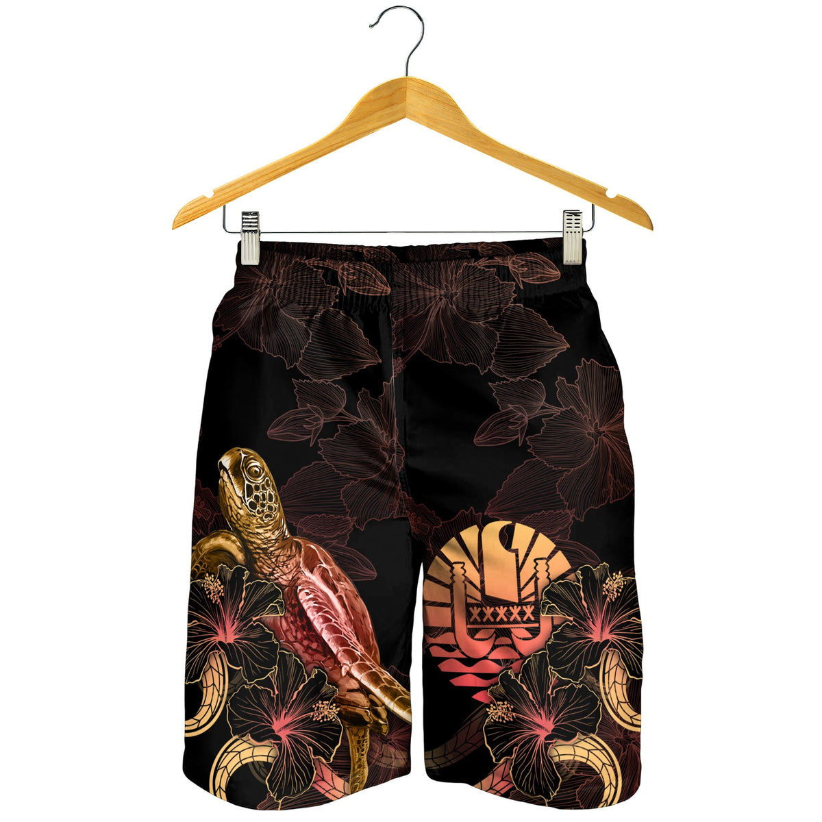 Tahiti Polynesian Men's Shorts - Turtle With Blooming Hibiscus Gold - Polynesian Pride