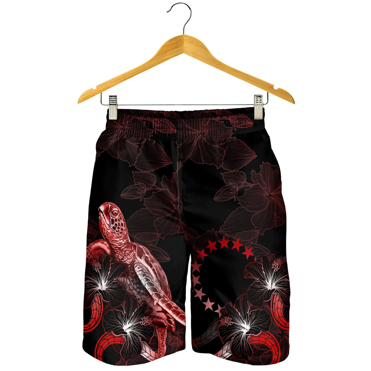 Cook Islands Polynesian Men's Shorts - Turtle With Blooming Hibiscus Red - Polynesian Pride