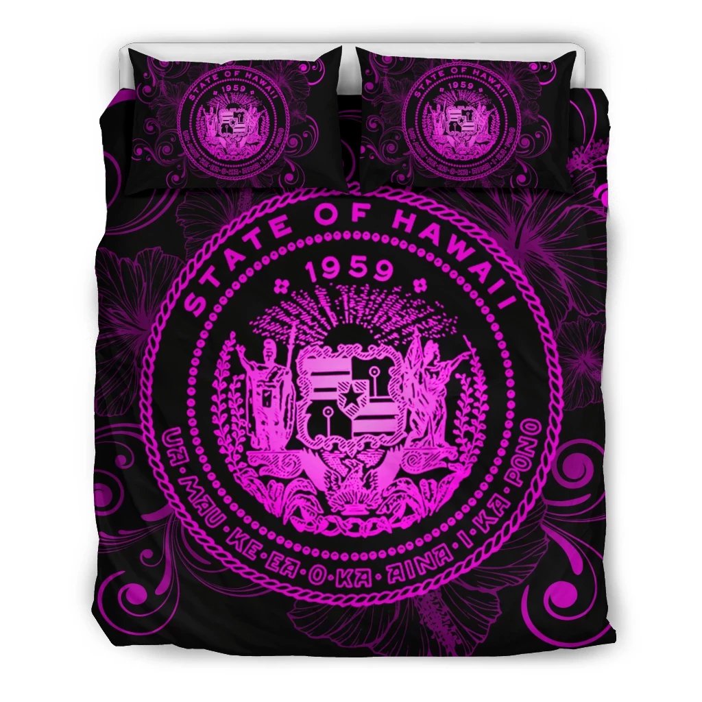 Hawaiian Hibiscus Flag Coat Of Arms Polynesian Bedding Set Pink - Royal Style Pink - Polynesian Pride