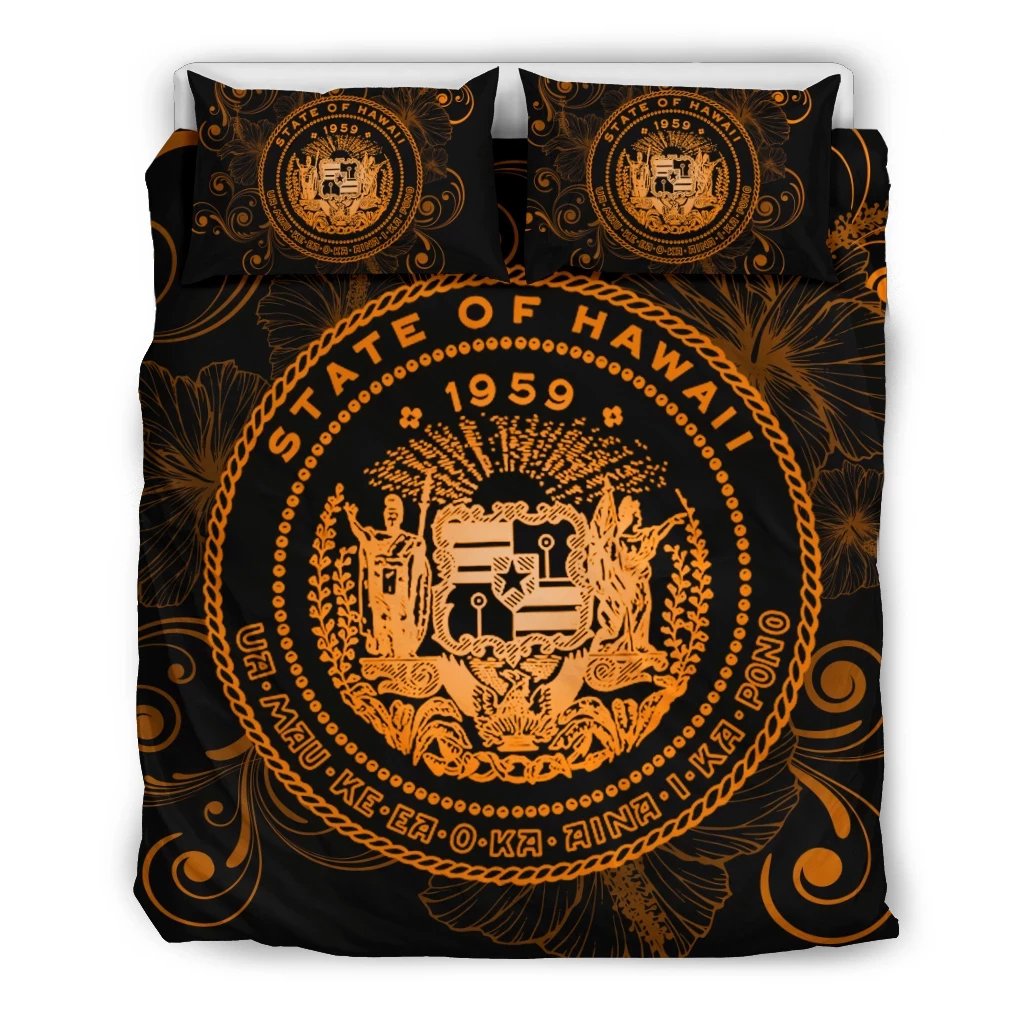 Hawaiian Hibiscus Flag Coat Of Arms Polynesian Bedding Set Orange - Royal Style Orange - Polynesian Pride