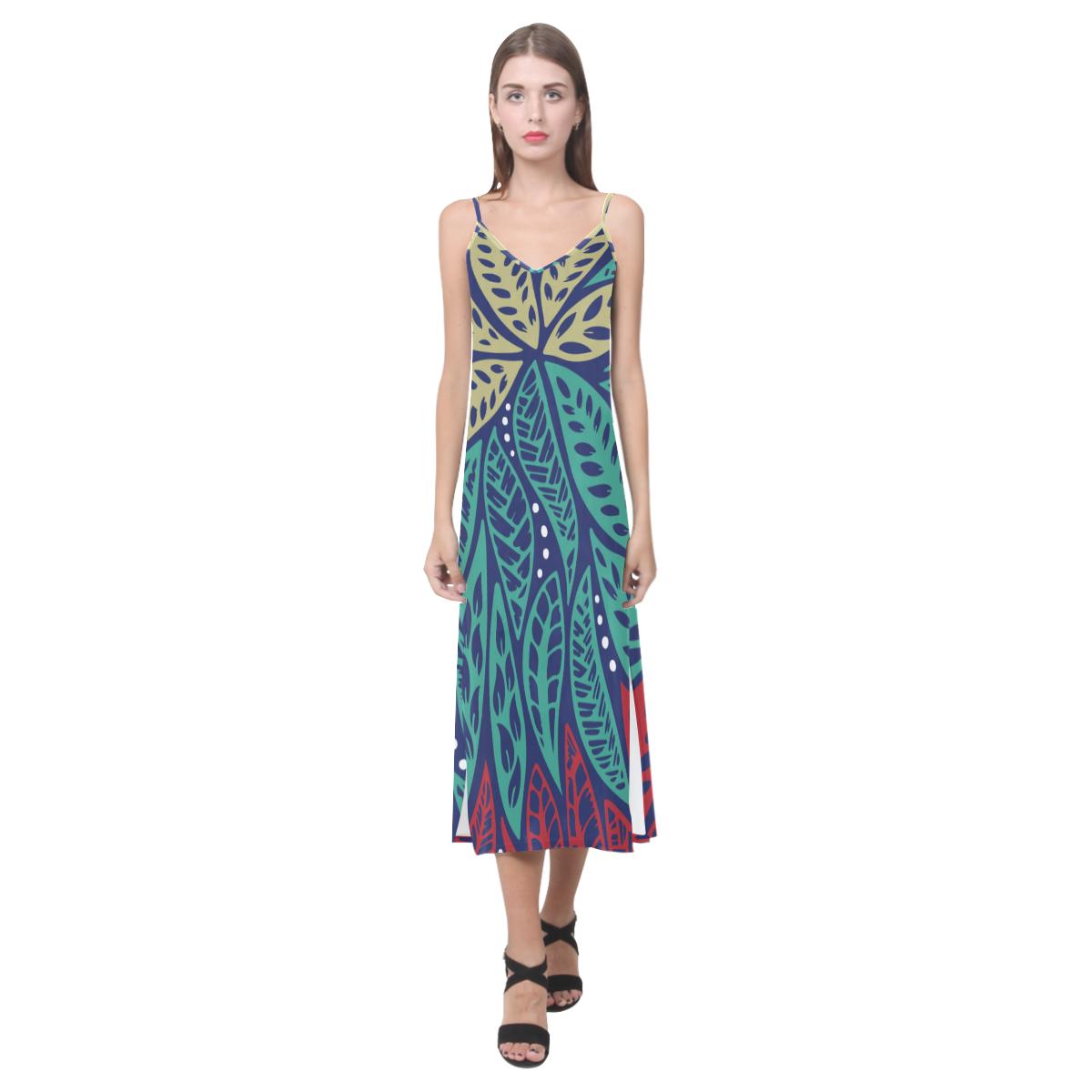 Hawaii Floral V - Neck Open Fork Long Dress Women Blue & Red - Polynesian Pride