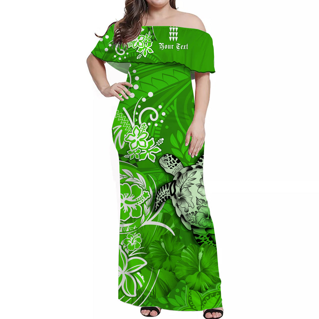 (Custom Personalised) Hawaii Off Shoulder Long Dress Polynesia Green Sea Turtle Honu and Hibiscus LT13 Women Green - Polynesian Pride