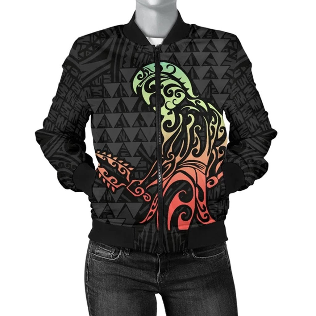 Hawaii Warrior And Hook Women's Bomber Jacket Black - Polynesian Pride