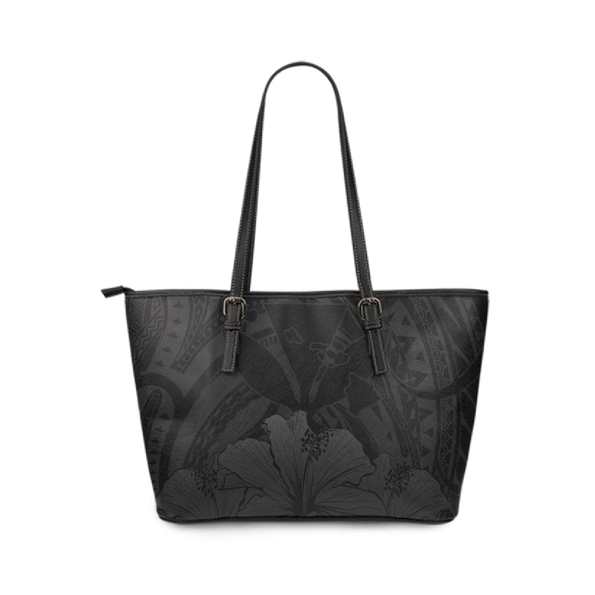 Personalised - Hawaii Royal Hibiscus Polynesian Tribal Large Leather Tote Bag Gray AH Gray - Polynesian Pride