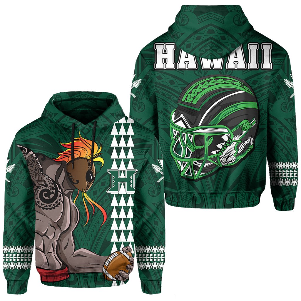 Polynesian Warrior Helmet Football Kanaka Kakau Hawaii Hoodie Green Unisex Green - Polynesian Pride