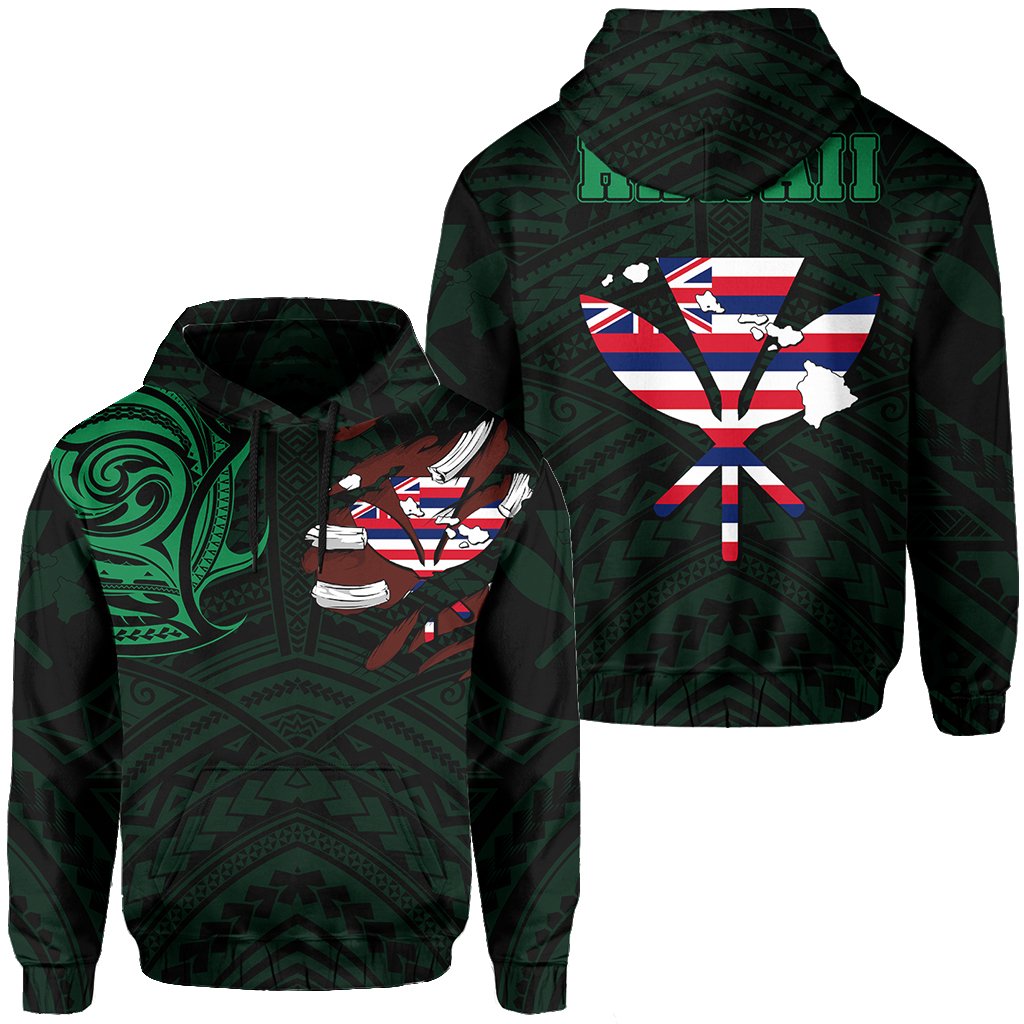 Hawaiian Kanaka Hoodie Heart Tattoo Green Unisex Green - Polynesian Pride