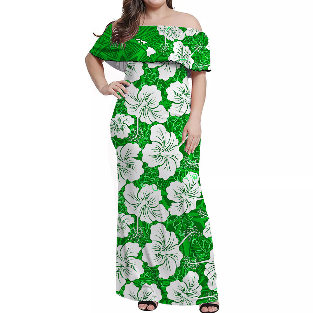 (Custom Personalised) Hawaii Off Shoulder Long Dress Green Simple Tropical Flowers LT13 Women Green - Polynesian Pride