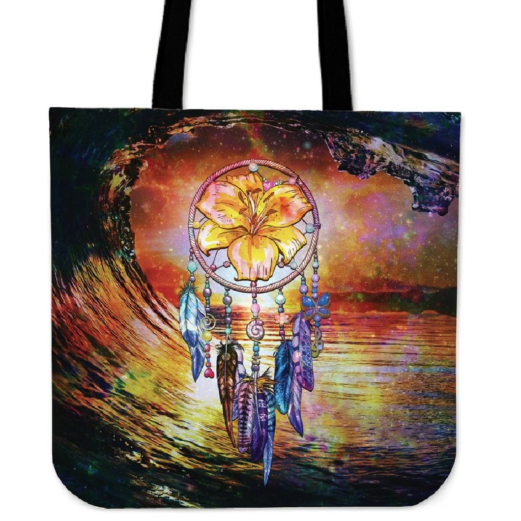 Hibiscus Dreamcatcher Wales Night Tote Bag Tote Bag One Size Black - Polynesian Pride