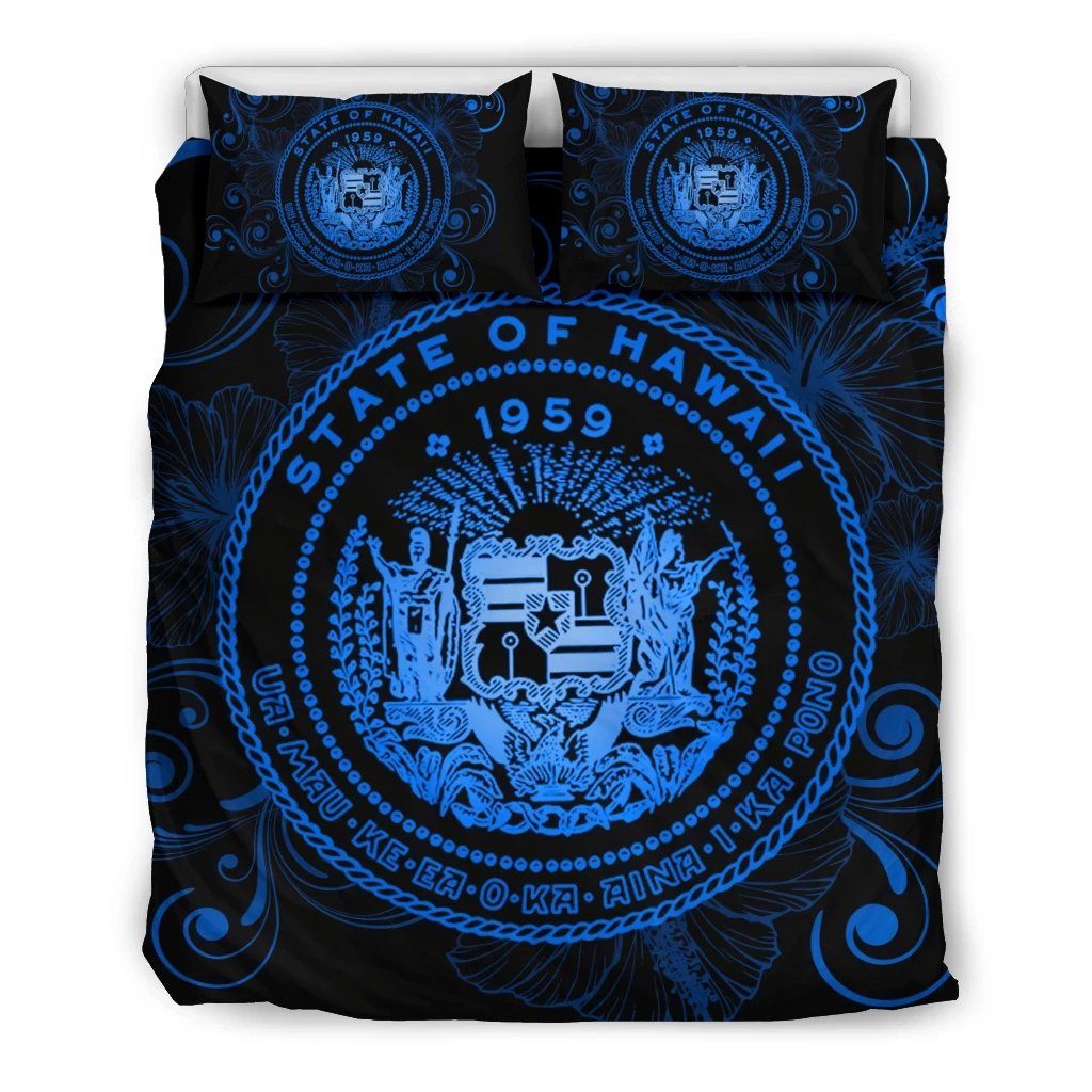 Hawaiian Hibiscus Flag Coat Of Arms Polynesian Bedding Set Blue - Royal Style Blue - Polynesian Pride